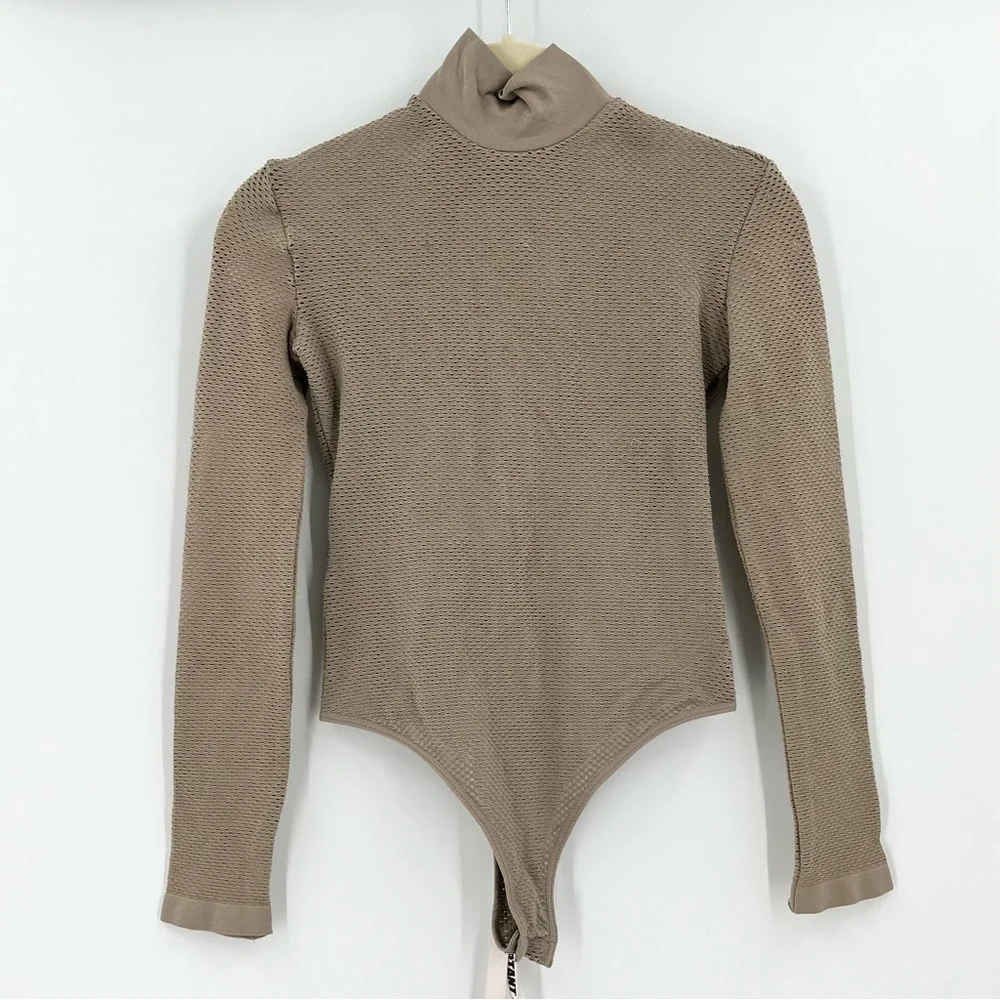 HOUSE OF CB Shadow Mocha Tan Knitted Stretch Mesh Bodysuit Long Sleeve M/L NEW_3